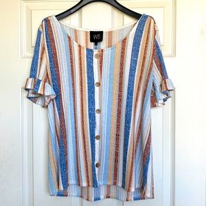 NWT W5 (M) multi-color, striped blouse with faux buttons